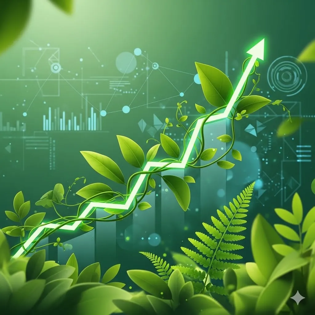 Gráfico de crescimento verde com plantas e setas em alta representando a valorização do carbono